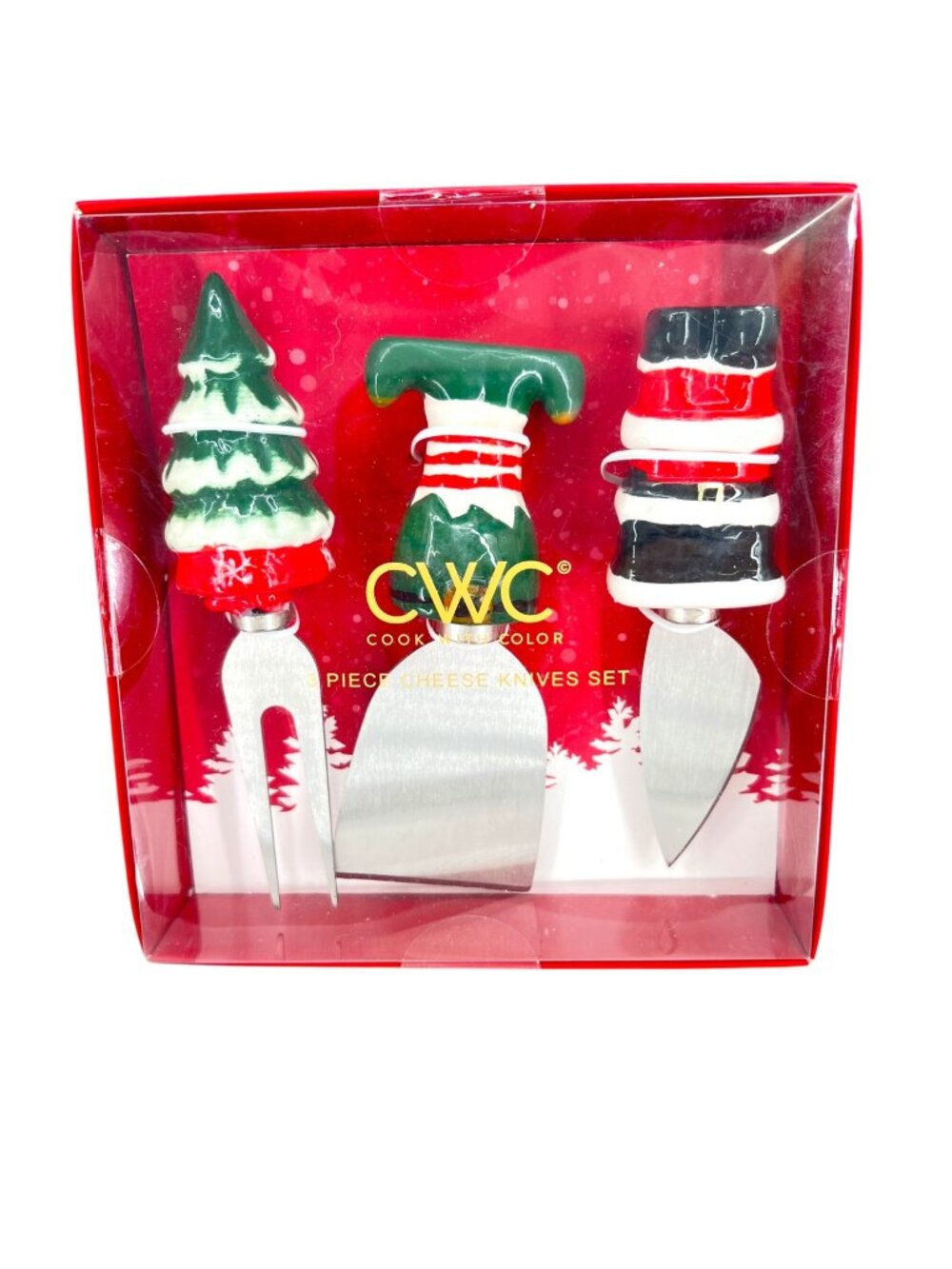 CWC Christmas-Themed 3-Piece Cheese Knife Gift Set Festive Handles NIB
